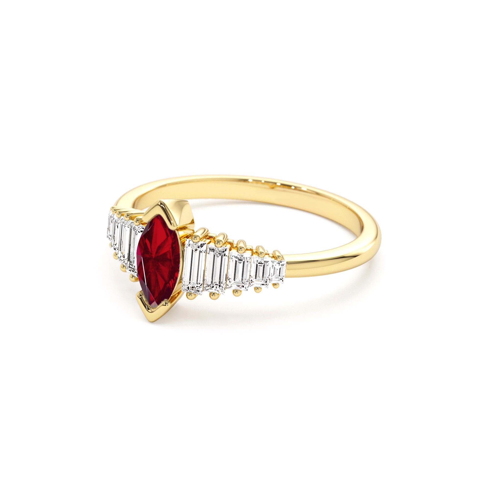 14k Gold Marquise Shape Ruby Ring with Baguette Accents - view 4