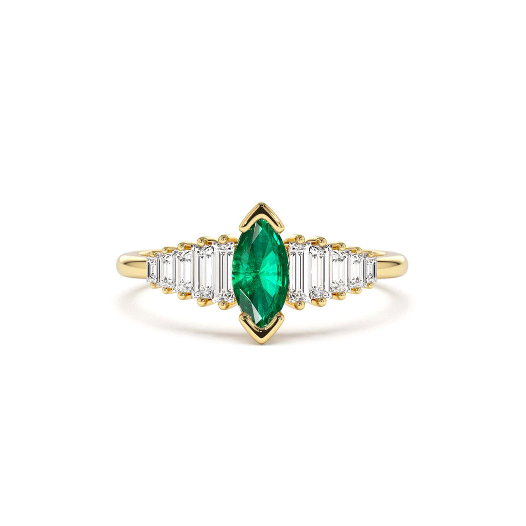 14k Gold Marquise Shape Emerald Ring with Baguette Accents by Orlina Fine