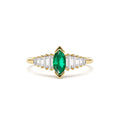14k Gold Marquise Shape Emerald Ring with Baguette Accents by Orlina Fine