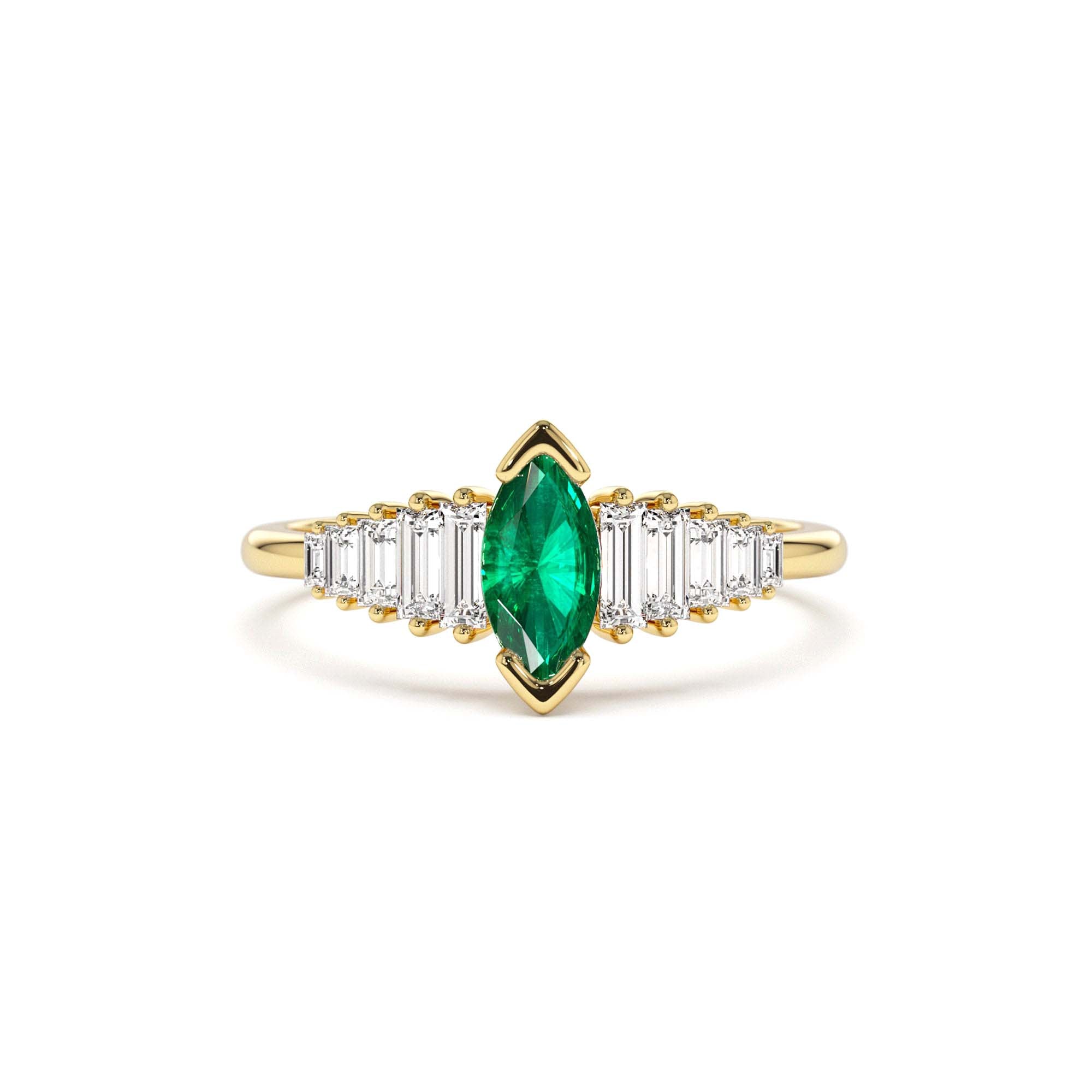 14k Gold Marquise Shape Emerald Ring with Baguette Accents by Orlina Fine