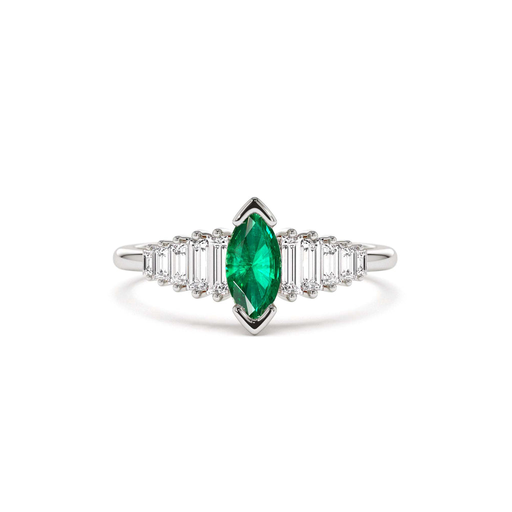 14k Gold Marquise Shape Emerald Ring with Baguette Accents - view 2