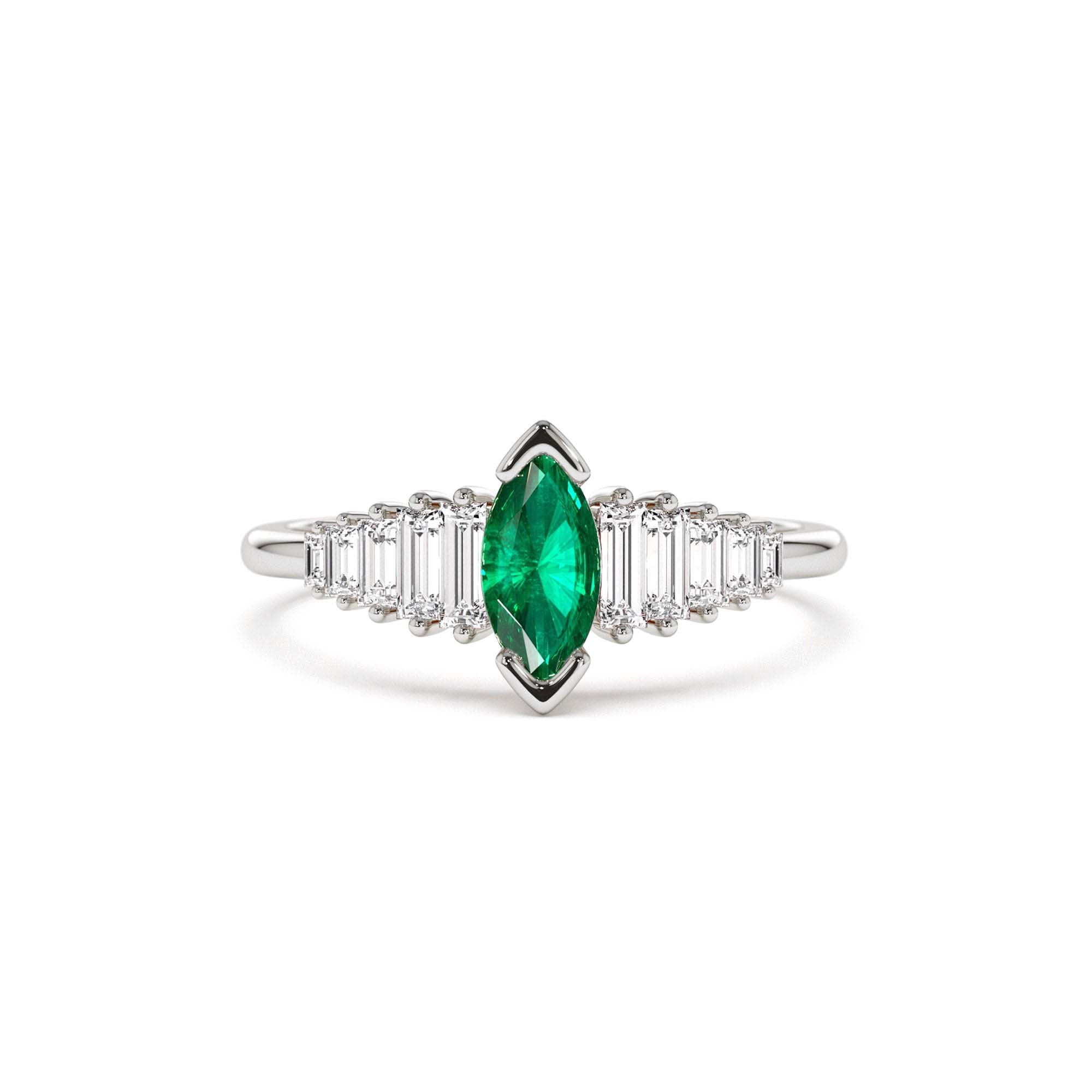 14k Gold Marquise Shape Emerald Ring with Baguette Accents - view 2
