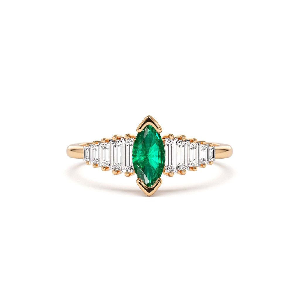 14k Gold Marquise Shape Emerald Ring with Baguette Accents - view 3