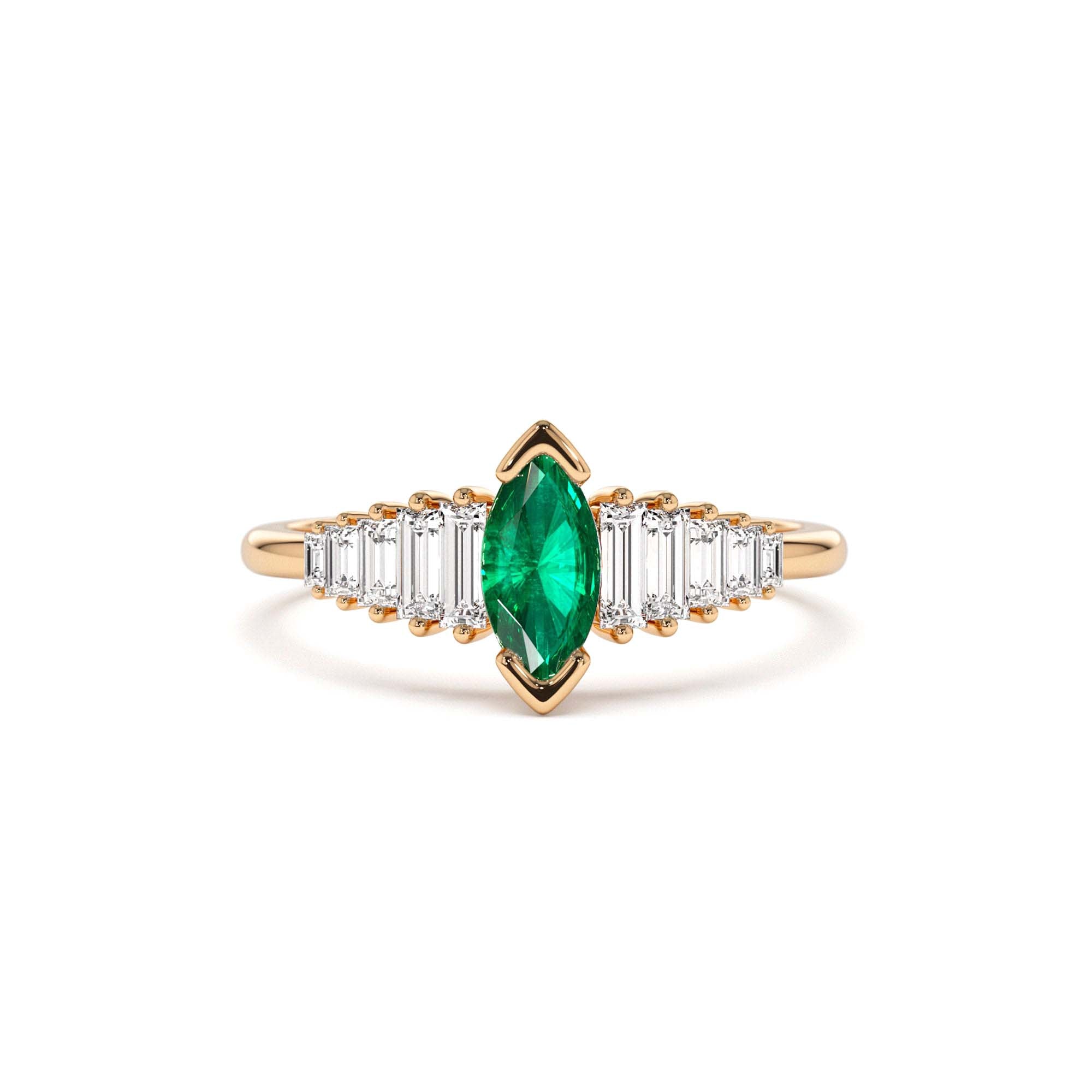 14k Gold Marquise Shape Emerald Ring with Baguette Accents - view 3