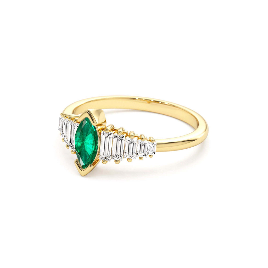 14k Gold Marquise Shape Emerald Ring with Baguette Accents - view 4