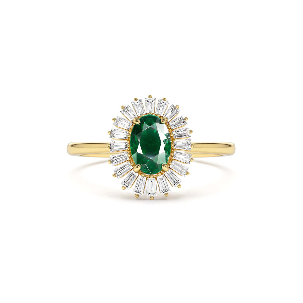 14k Baguette Diamond Ballerina Oval Emerald Ring by Orlina Fine