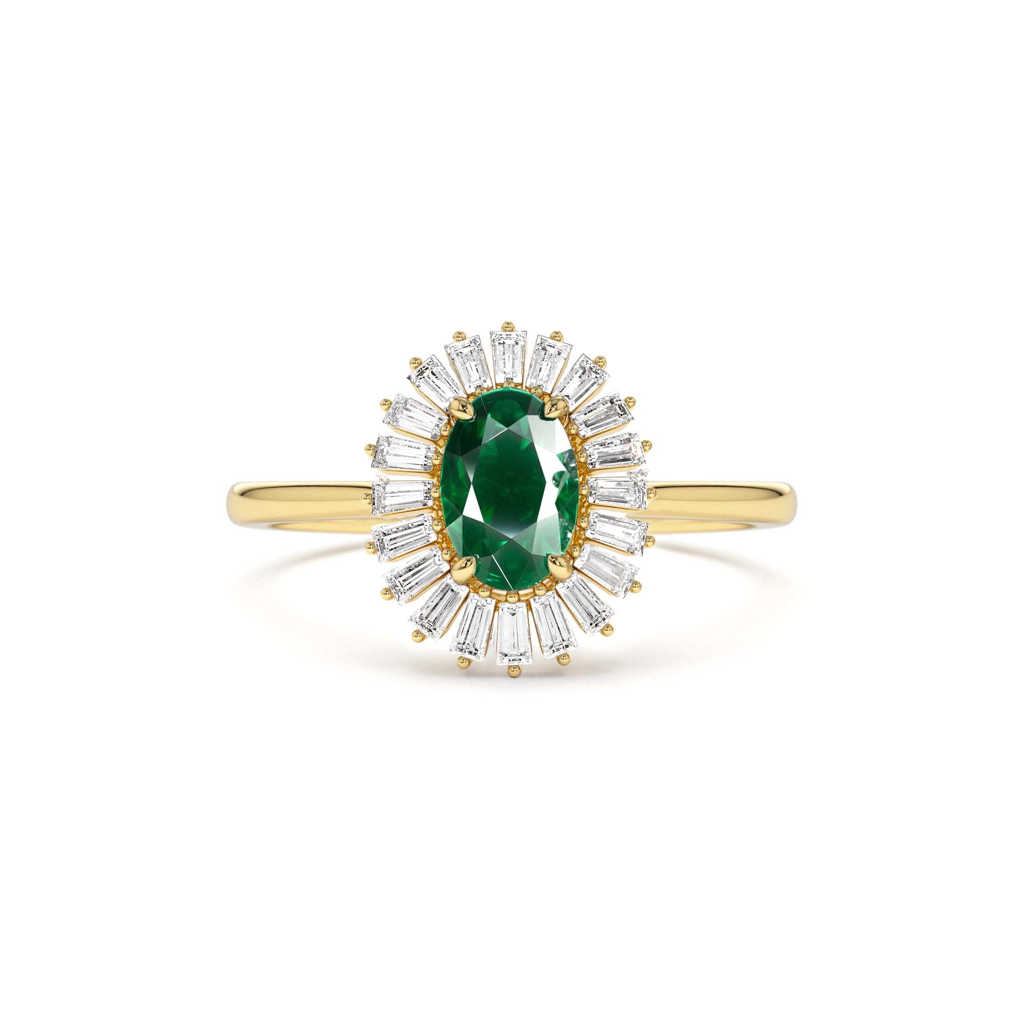 14k Baguette Diamond Ballerina Oval Emerald Ring by Orlina Fine