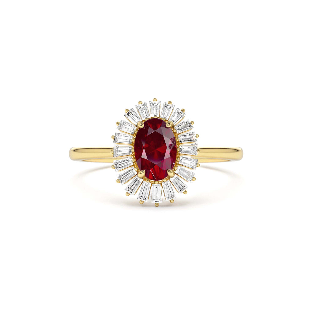 14k Baguette Diamond Ballerina Oval Ruby Ring by Orlina Fine