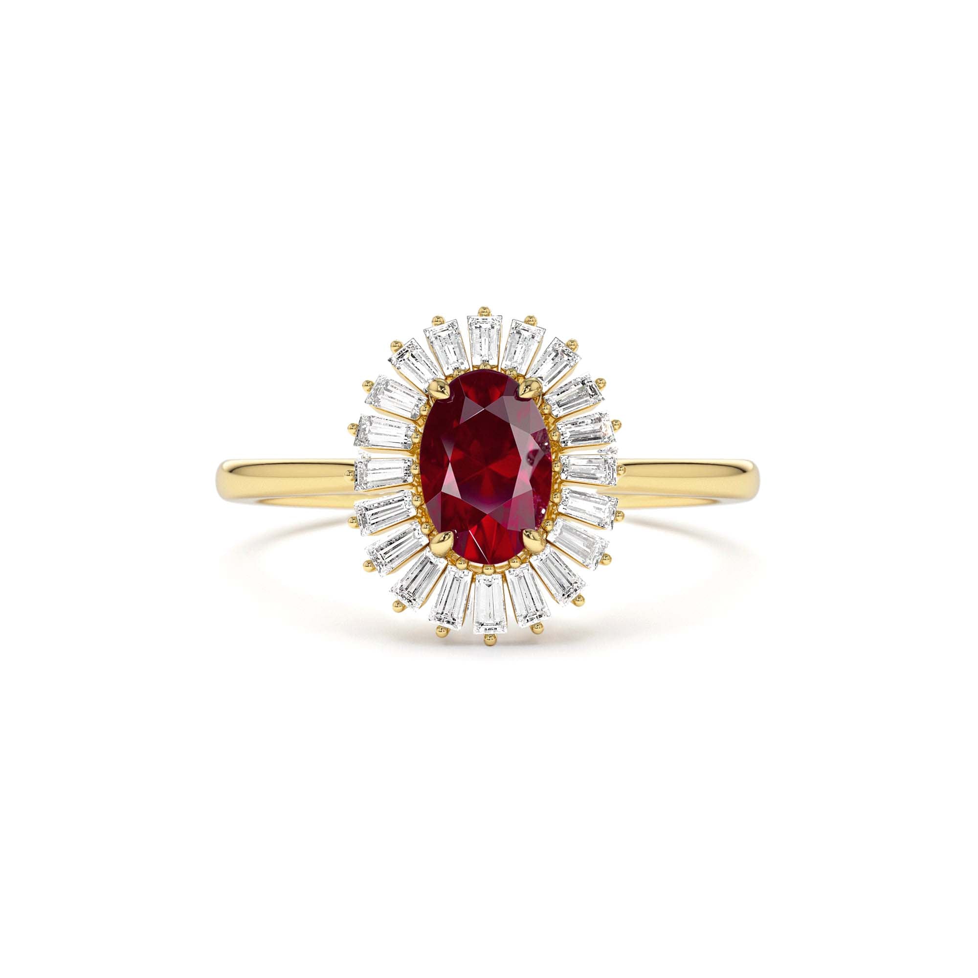 14k Baguette Diamond Ballerina Oval Ruby Ring by Orlina Fine
