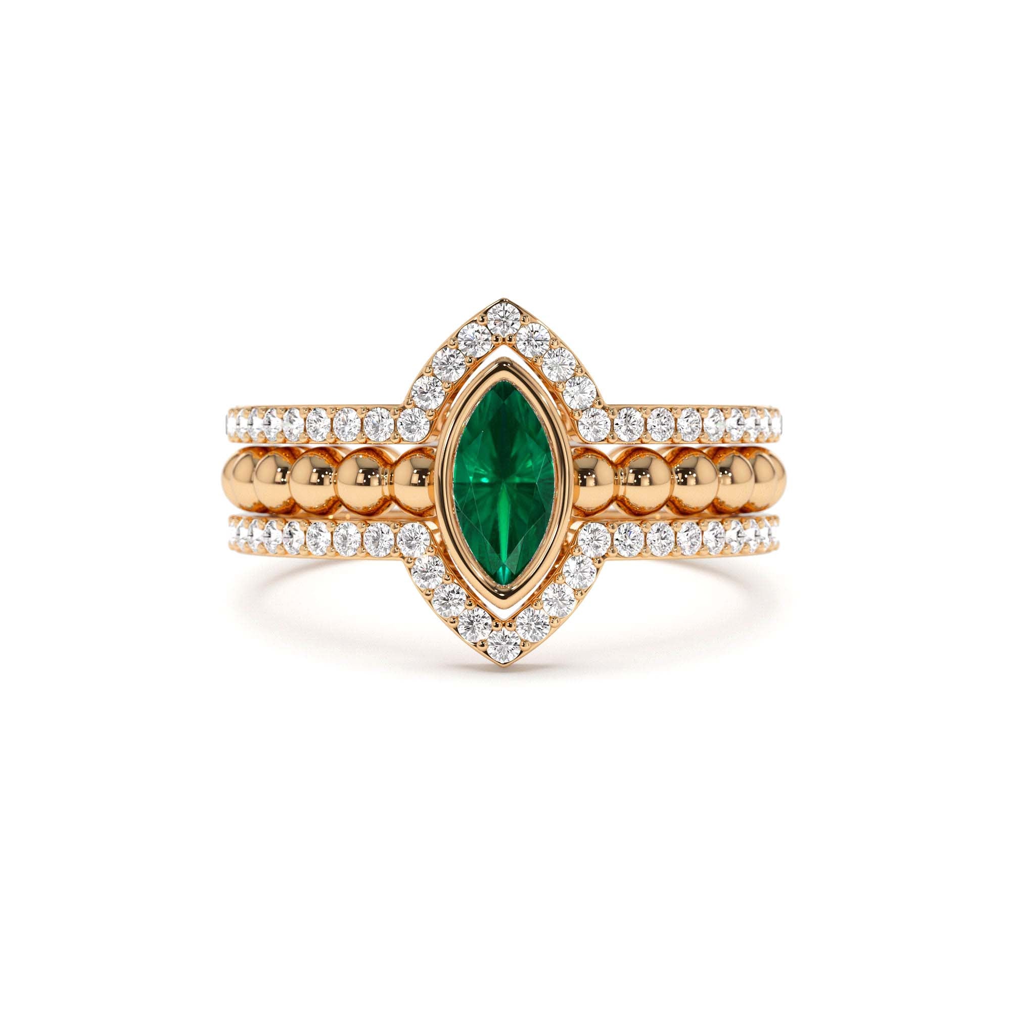 14k Marquise Shaped Emerald Ring with Nesting Diamond Bands - view 2