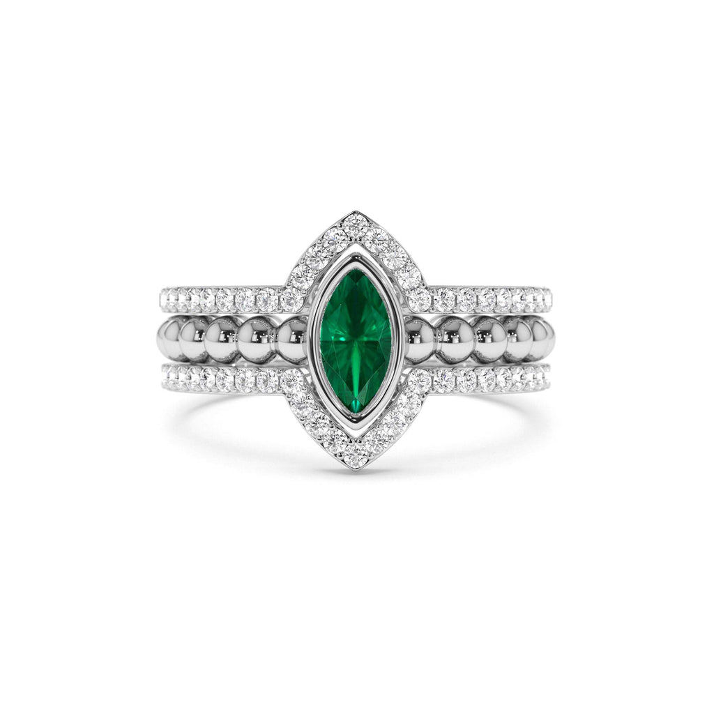 14k Marquise Shaped Emerald Ring with Nesting Diamond Bands - view 3
