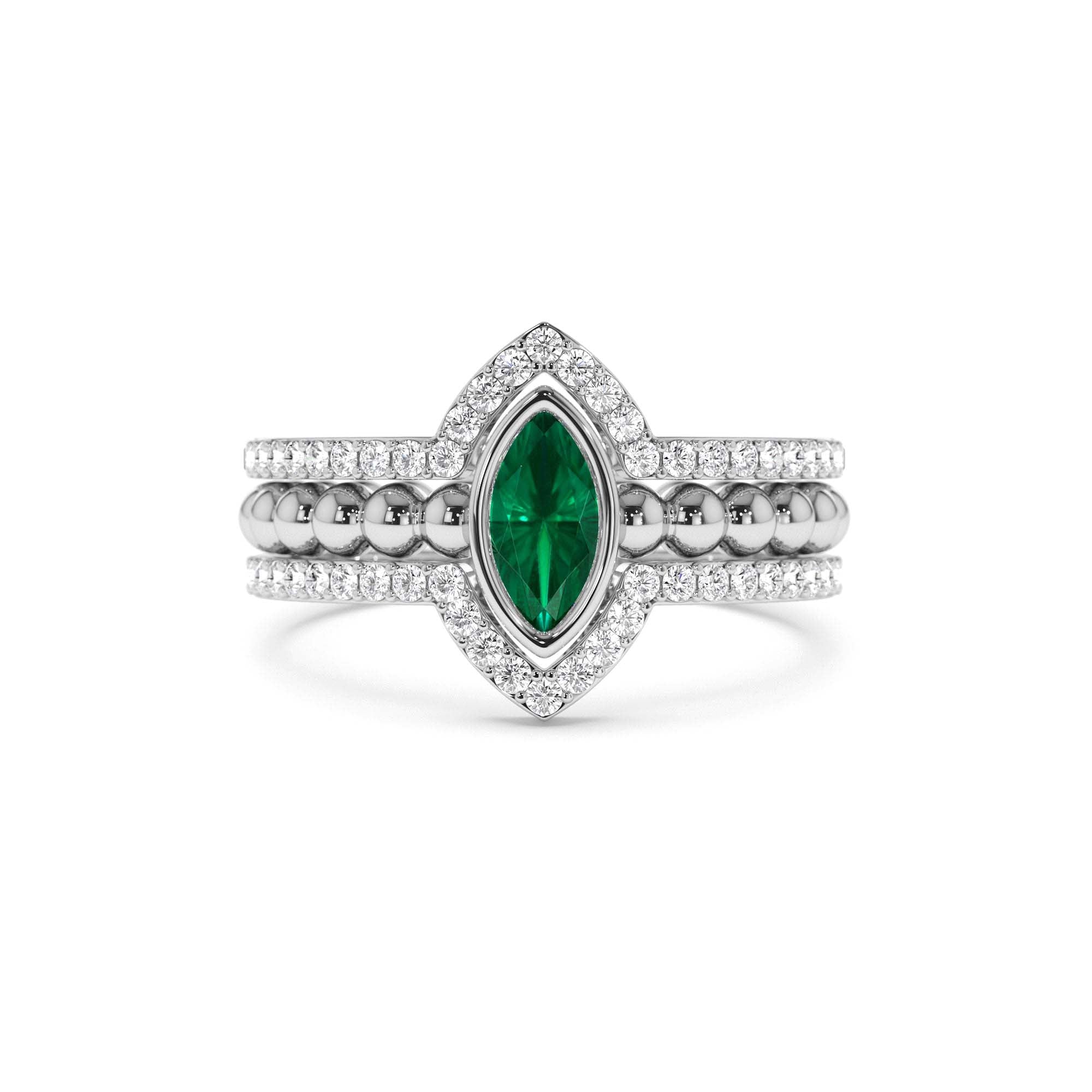 14k Marquise Shaped Emerald Ring with Nesting Diamond Bands - view 3
