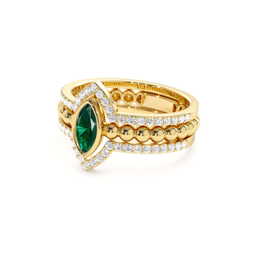 14k Marquise Shaped Emerald Ring with Nesting Diamond Bands - view 4