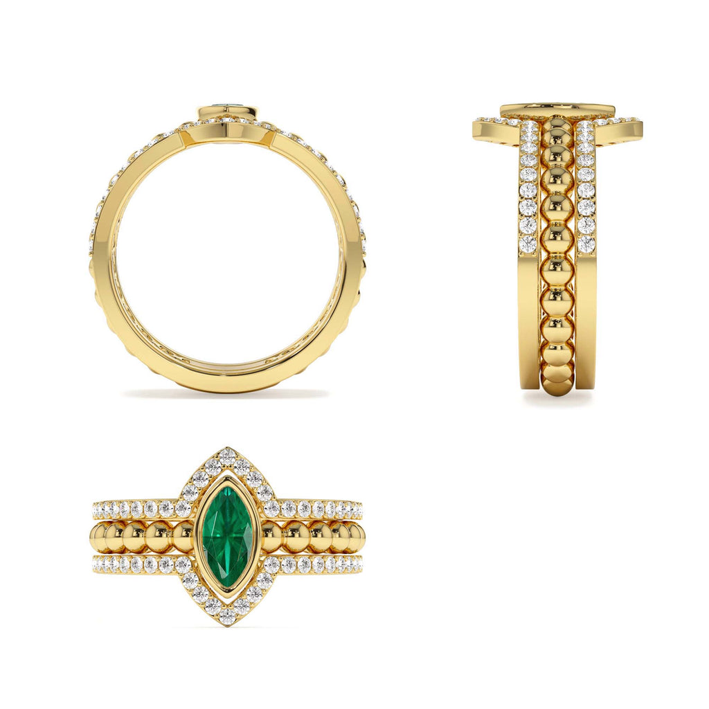 14k Marquise Shaped Emerald Ring with Nesting Diamond Bands - view 5