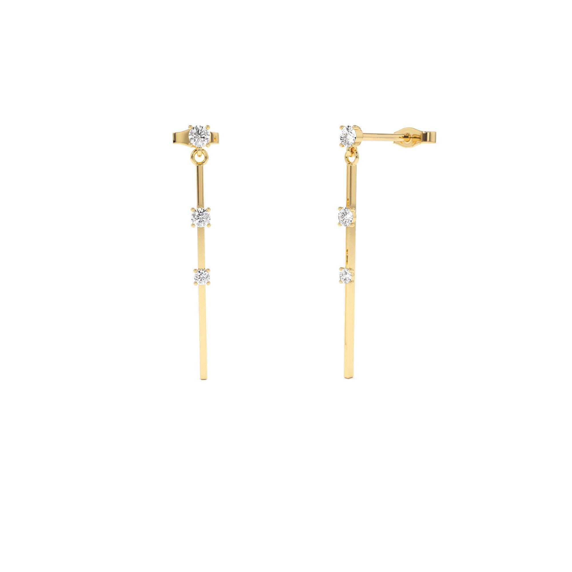 14K Linear Bar Triple Diamond Drop Earrings by Orlina Fine