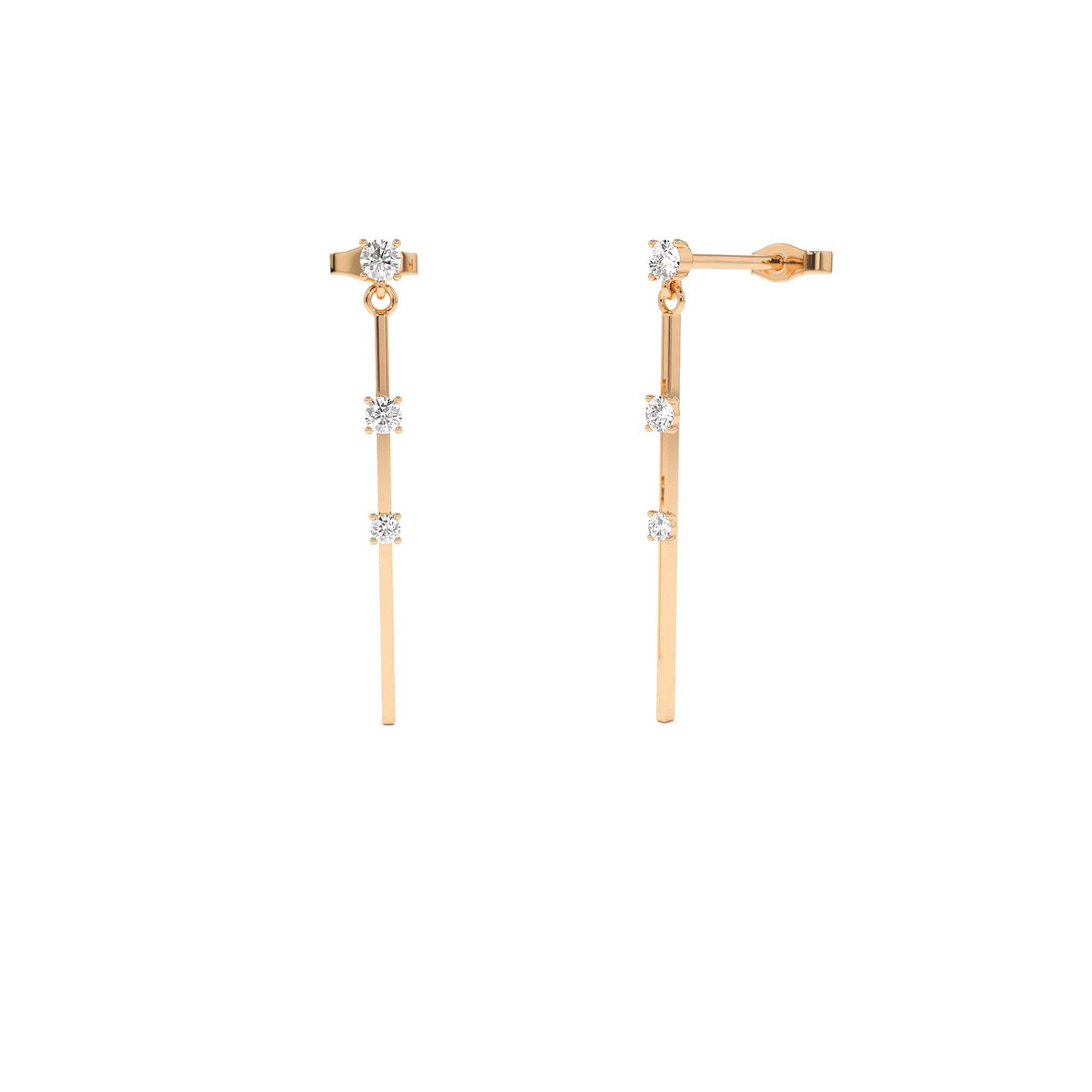 14K Linear Bar Triple Diamond Drop Earrings - view 2