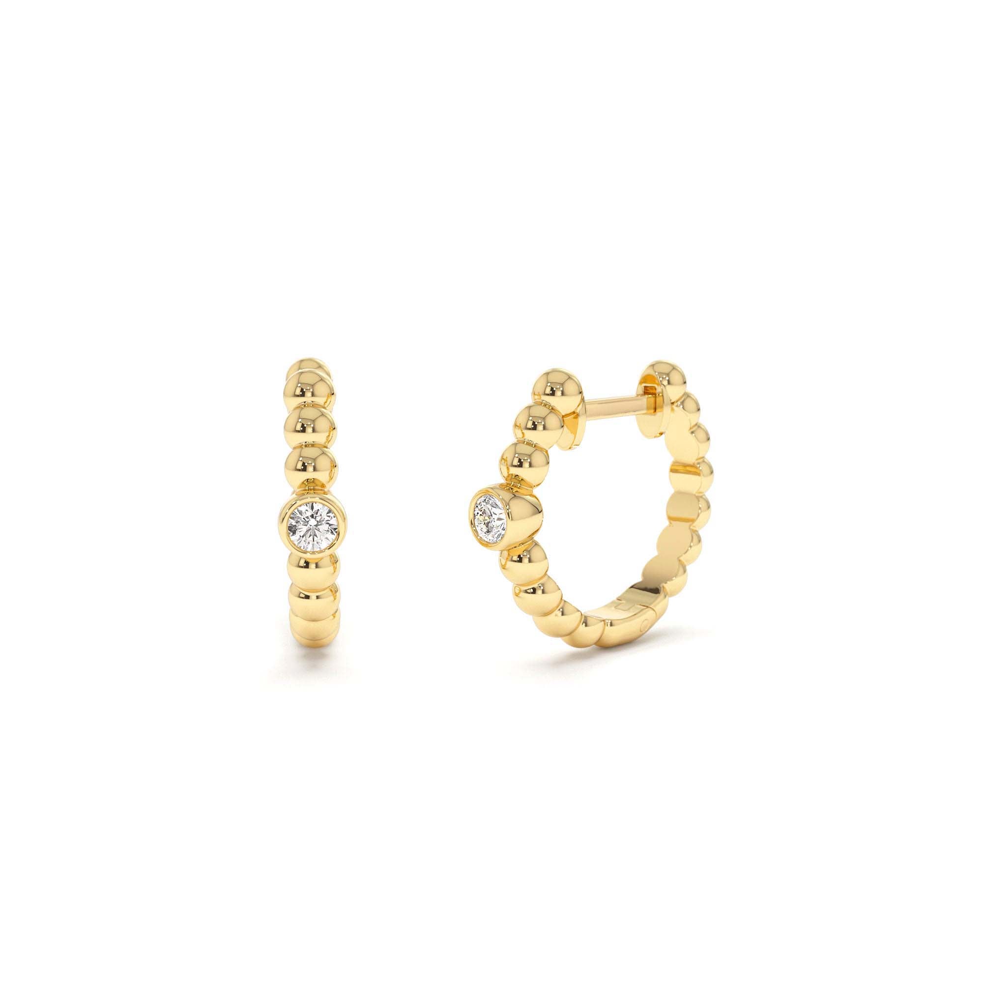 14k Bezel Setting Beaded Diamond Huggies by Orlina Fine