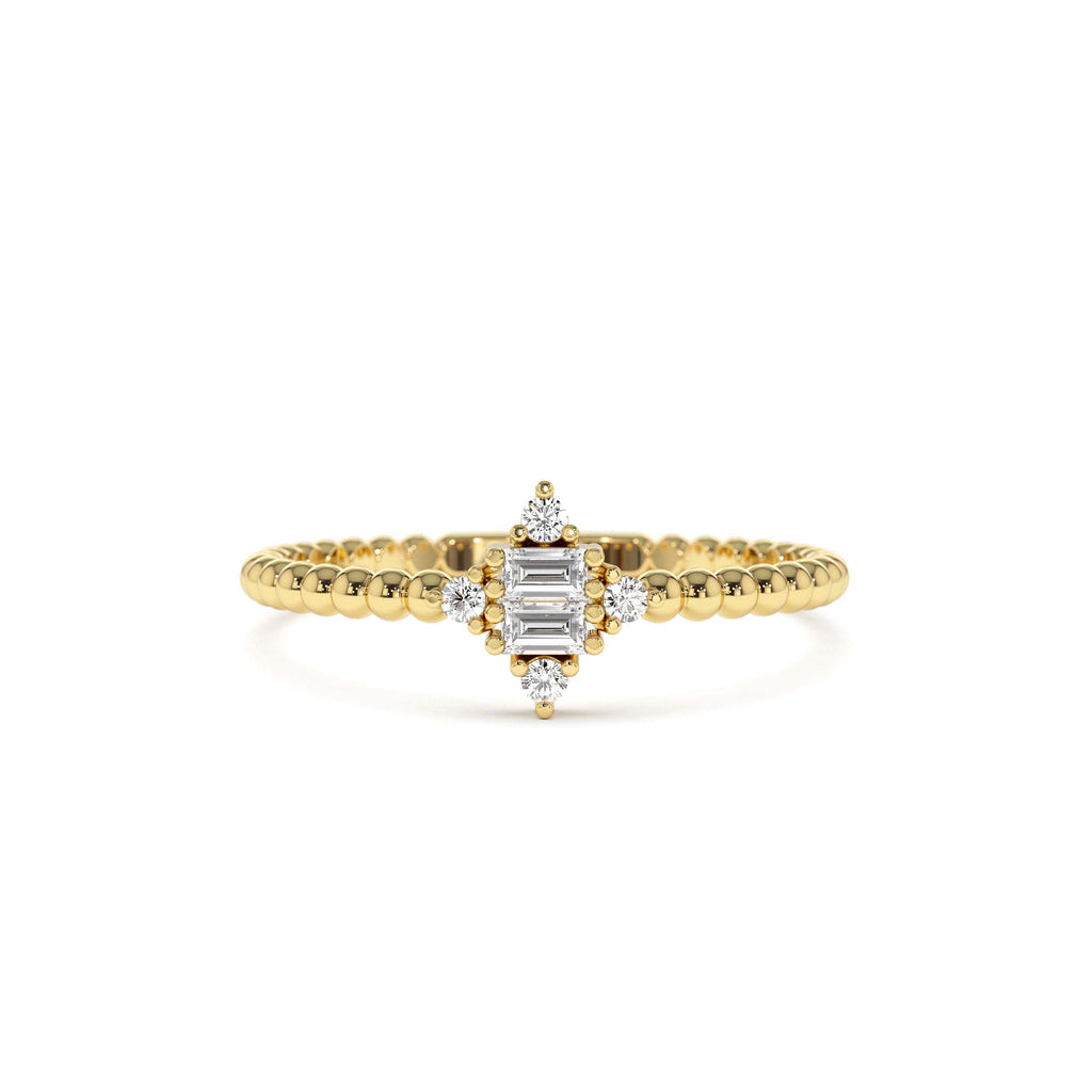 14k Beaded Baguette and Round Diamond Stacking Ring by Orlina Fine