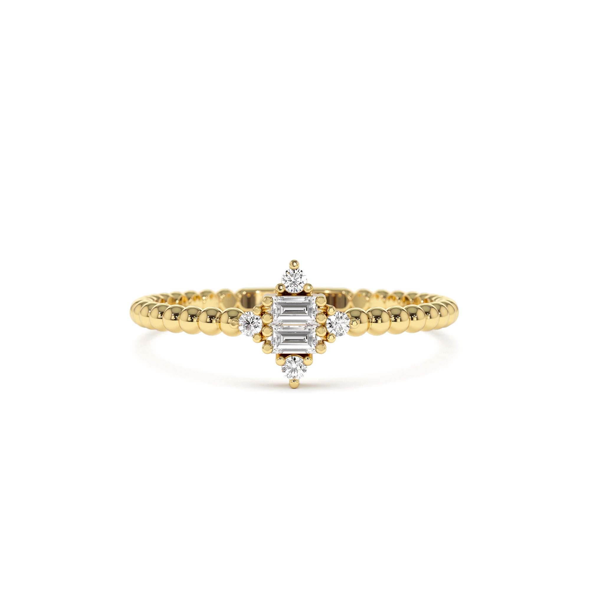 14k Beaded Baguette and Round Diamond Stacking Ring by Orlina Fine