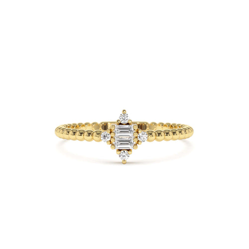 14k Beaded Baguette and Round Diamond Stacking Ring by Orlina Fine