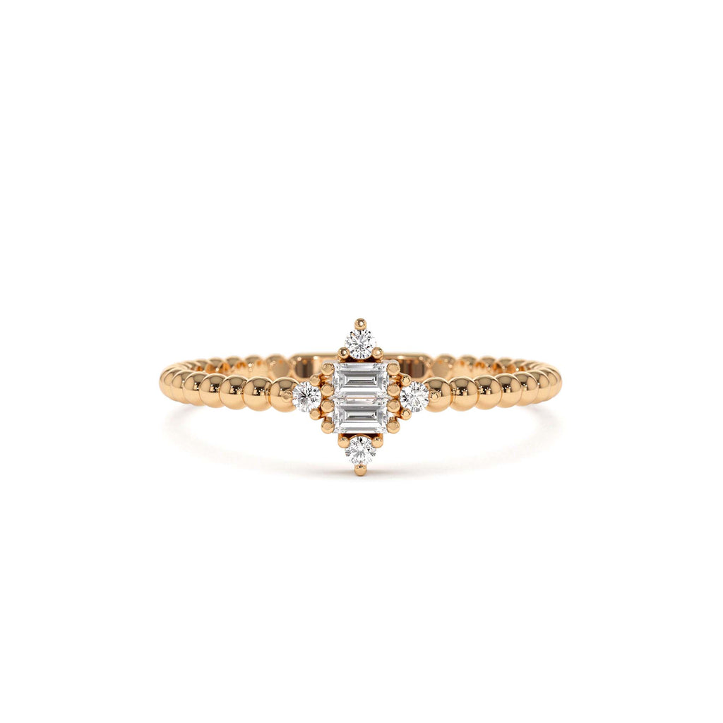 14k Beaded Baguette and Round Diamond Stacking Ring - view 2