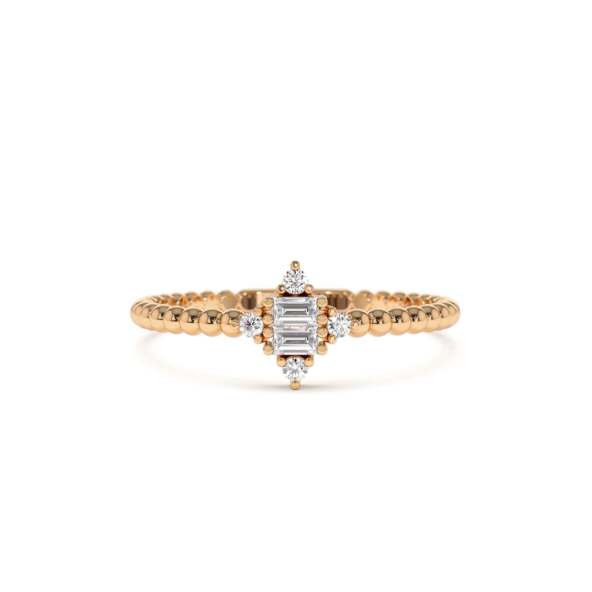 14k Beaded Baguette and Round Diamond Stacking Ring - view 2
