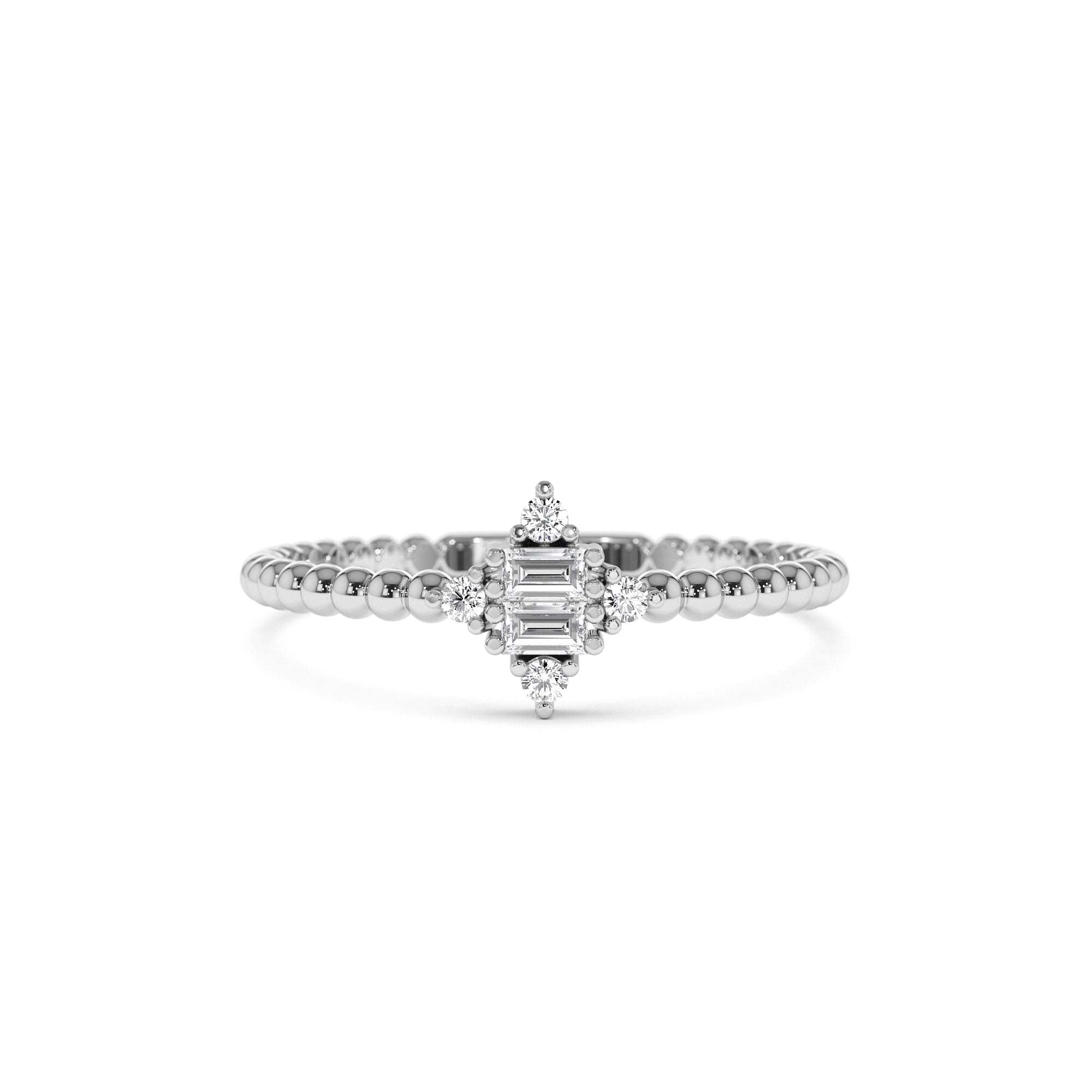 14k Beaded Baguette and Round Diamond Stacking Ring - view 3