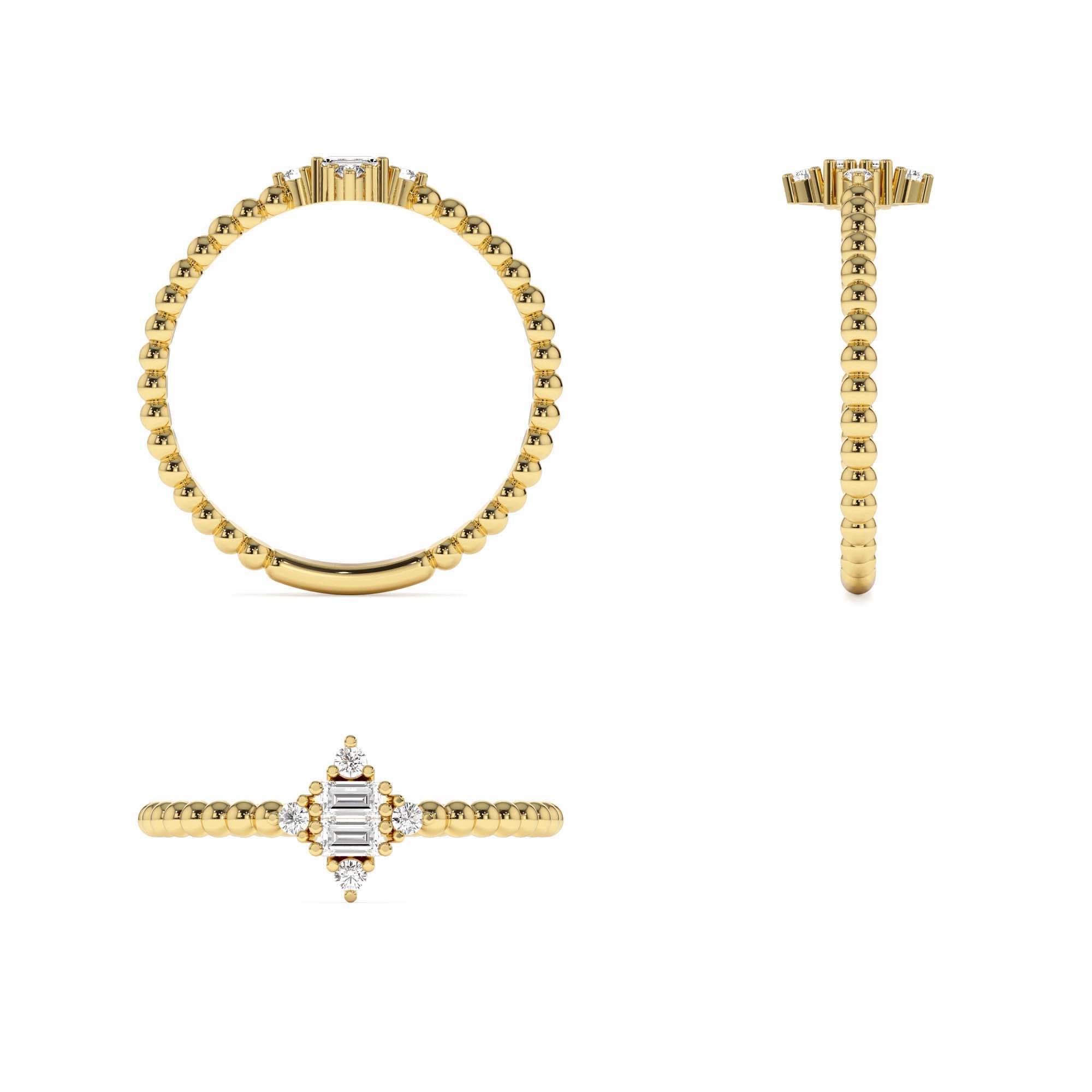 14k Beaded Baguette and Round Diamond Stacking Ring - view 5