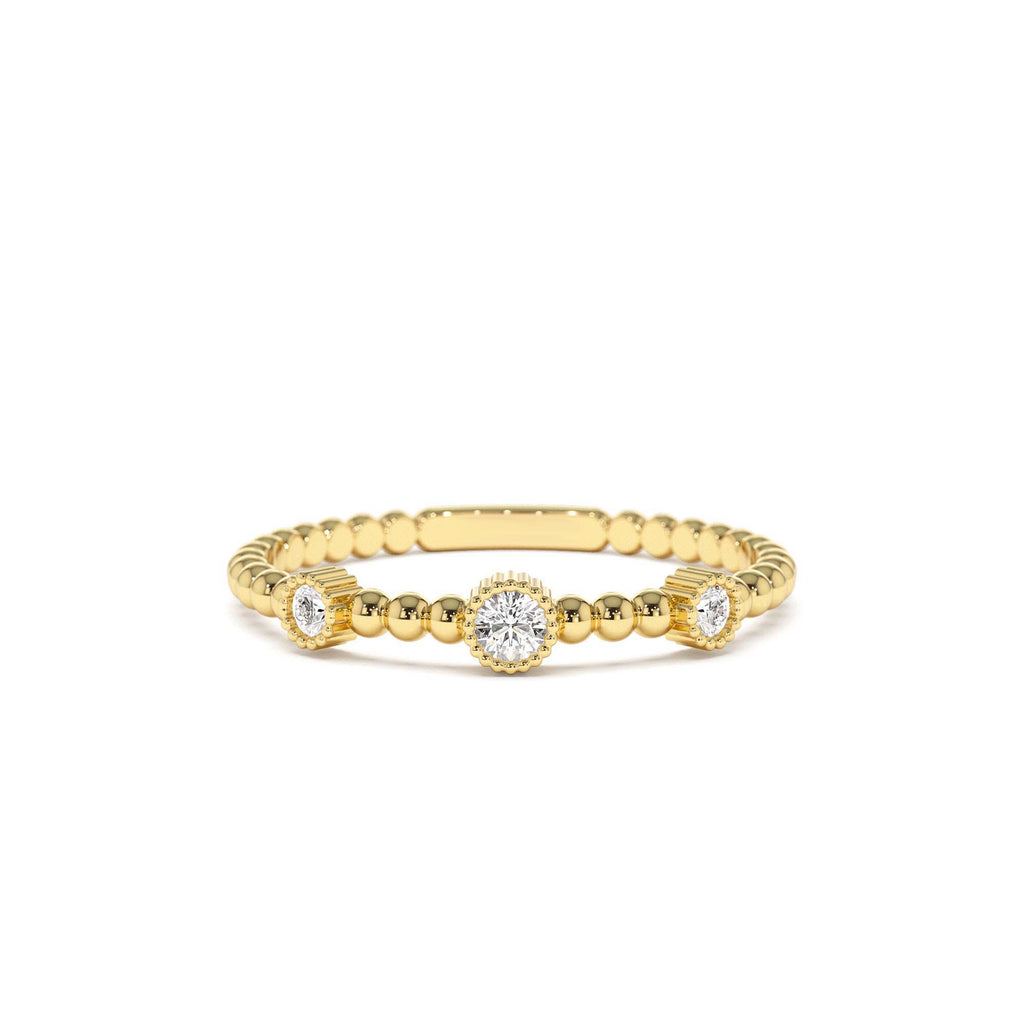 14k Bead Band Ring with Three Bezel Setting Diamonds by Orlina Fine