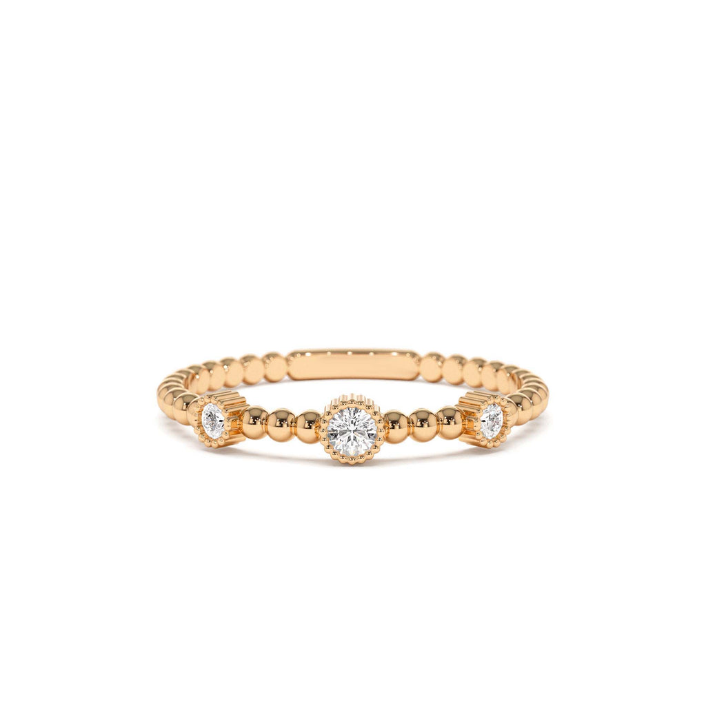 14k Bead Band Ring with Three Bezel Setting Diamonds - view 2