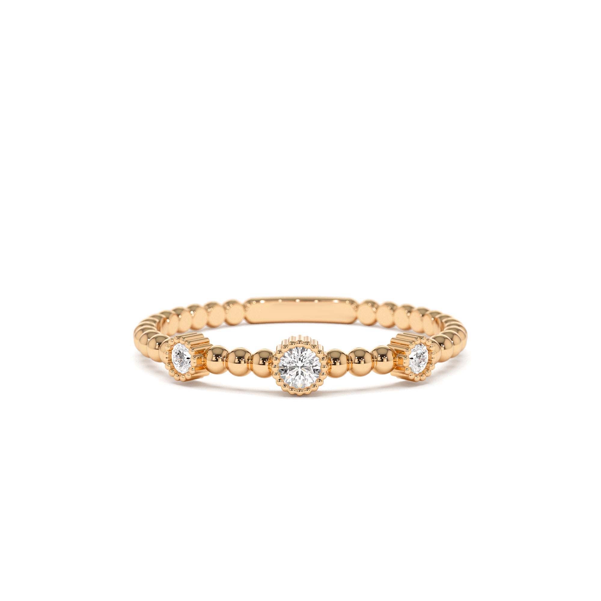 14k Bead Band Ring with Three Bezel Setting Diamonds - view 2