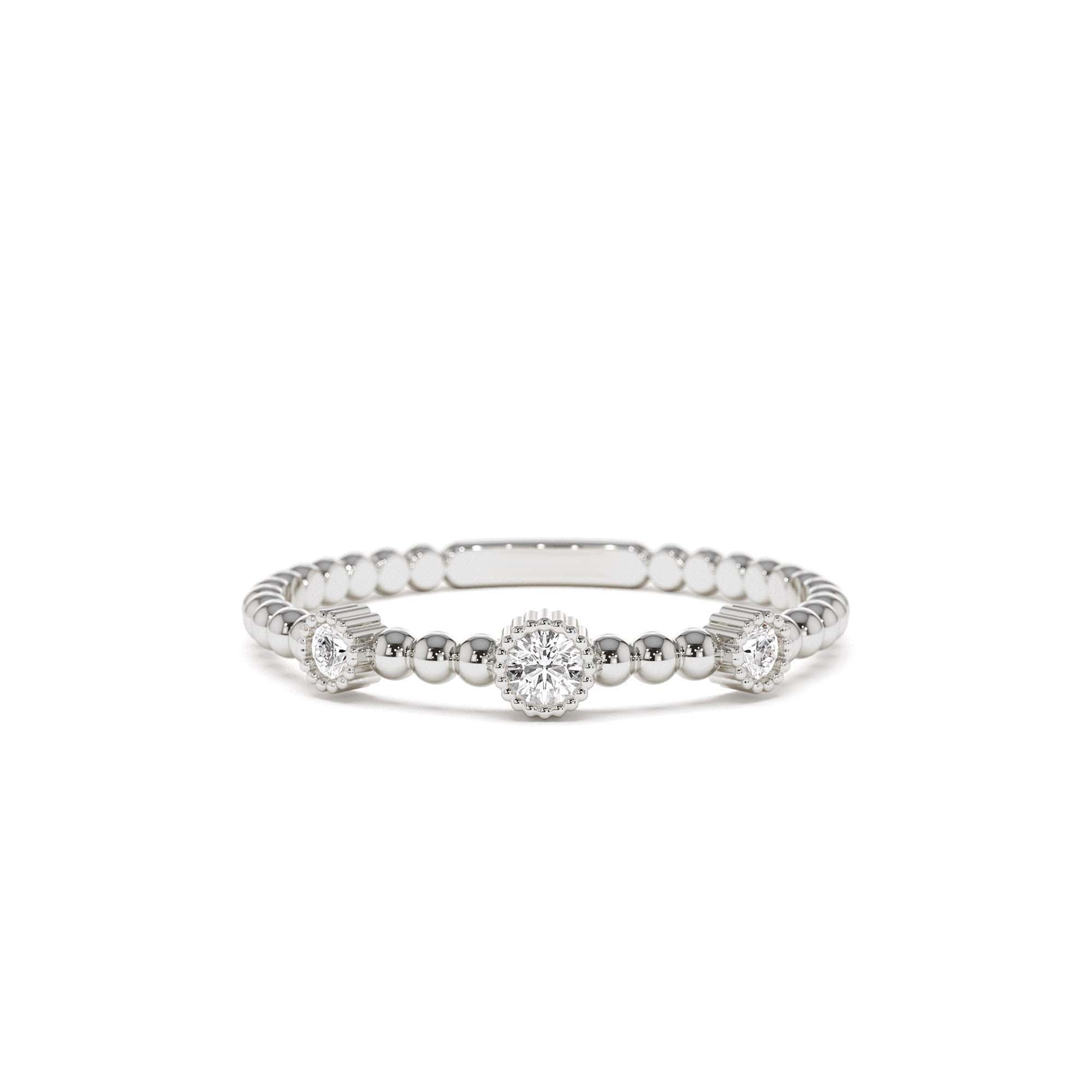 14k Bead Band Ring with Three Bezel Setting Diamonds - view 3
