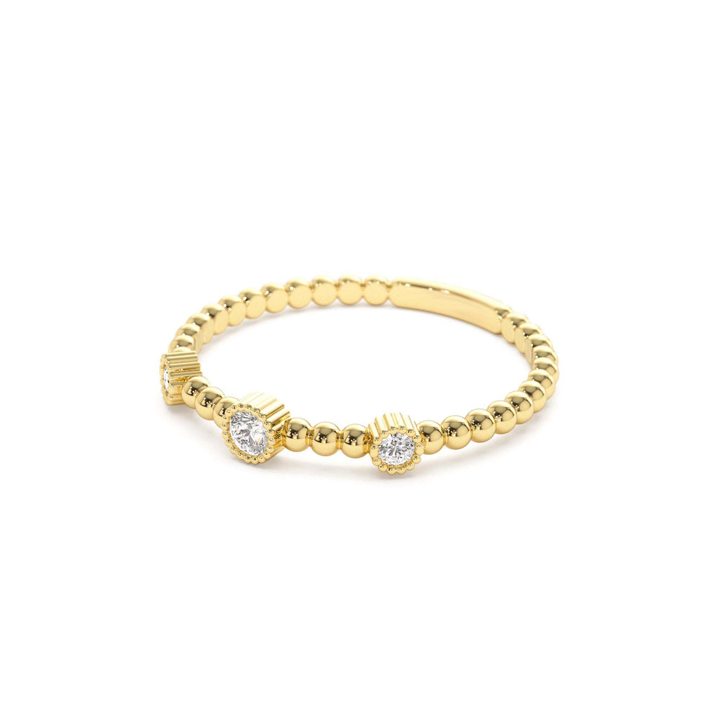 14k Bead Band Ring with Three Bezel Setting Diamonds - view 4
