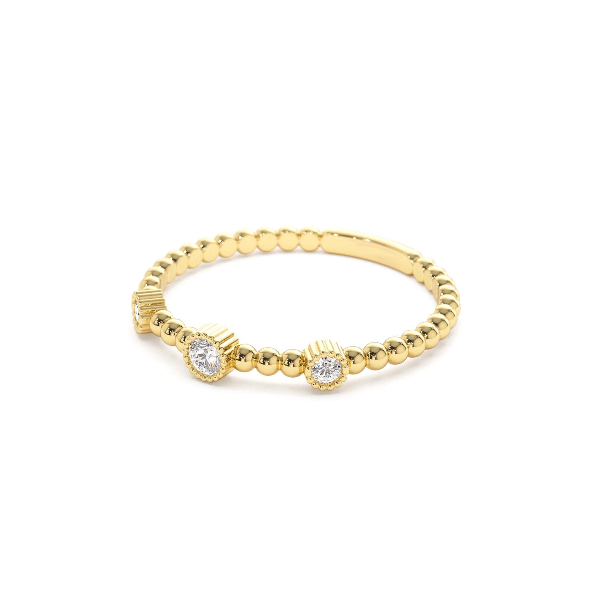 14k Bead Band Ring with Three Bezel Setting Diamonds - view 4