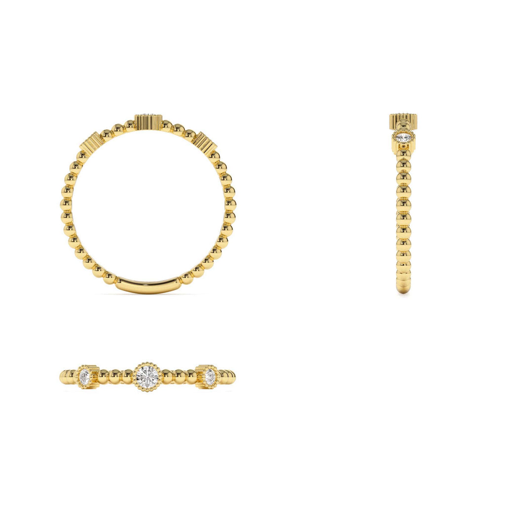14k Bead Band Ring with Three Bezel Setting Diamonds - view 5