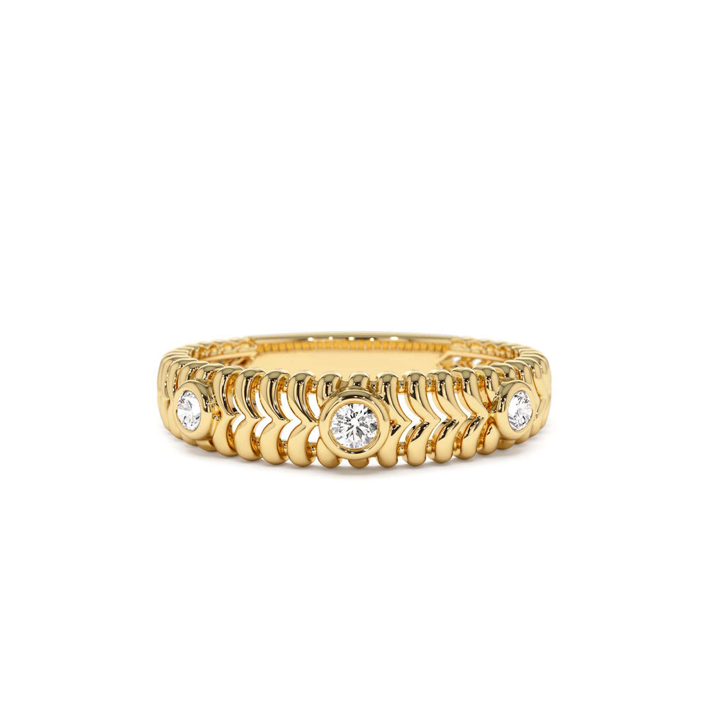 14k Unique Ribbed Three Stone Diamond Ring by Orlina Fine