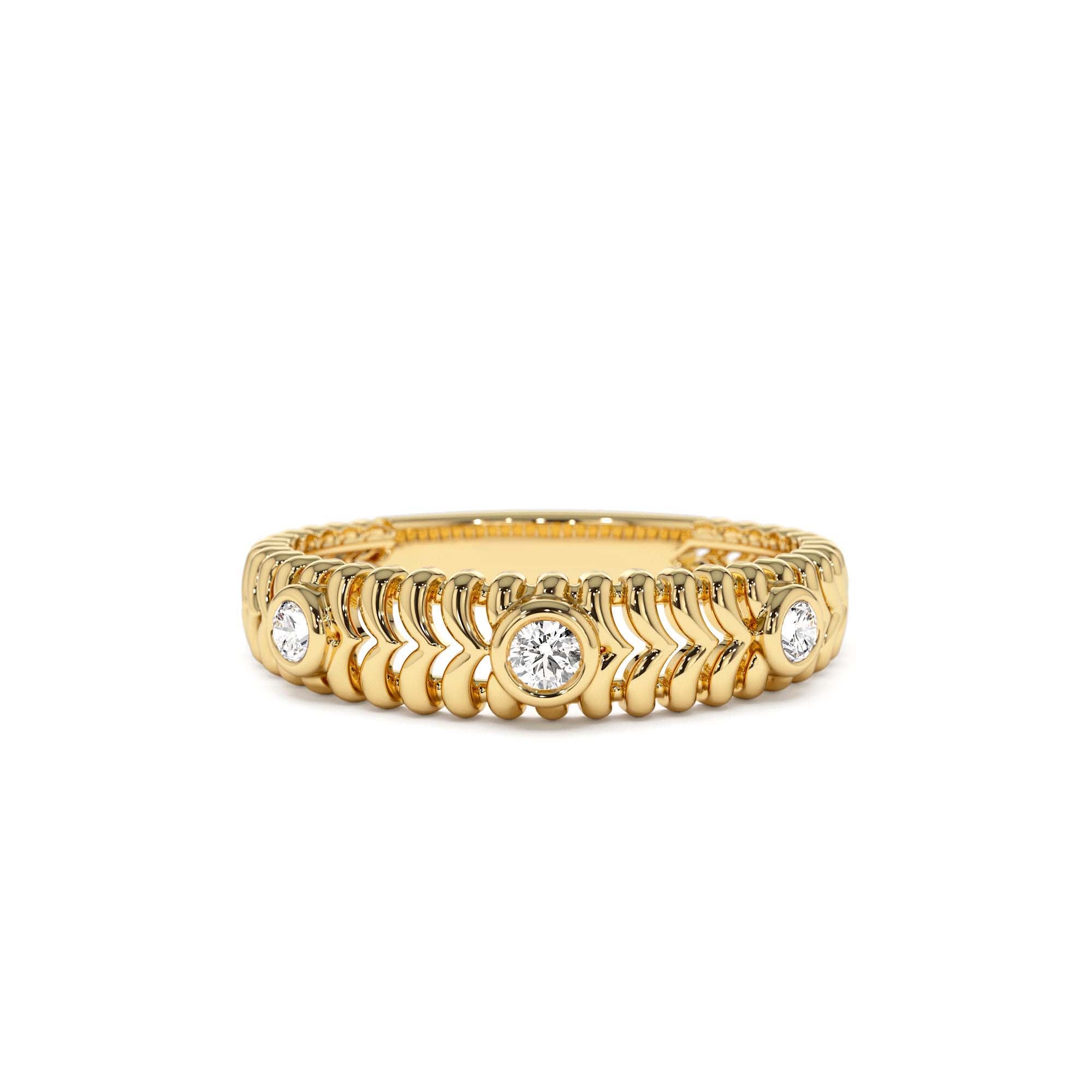 14k Unique Ribbed Three Stone Diamond Ring by Orlina Fine