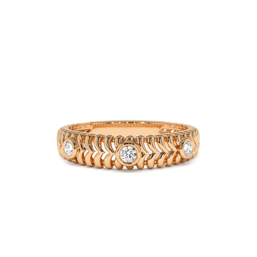 14k Unique Ribbed Three Stone Diamond Ring - view 2