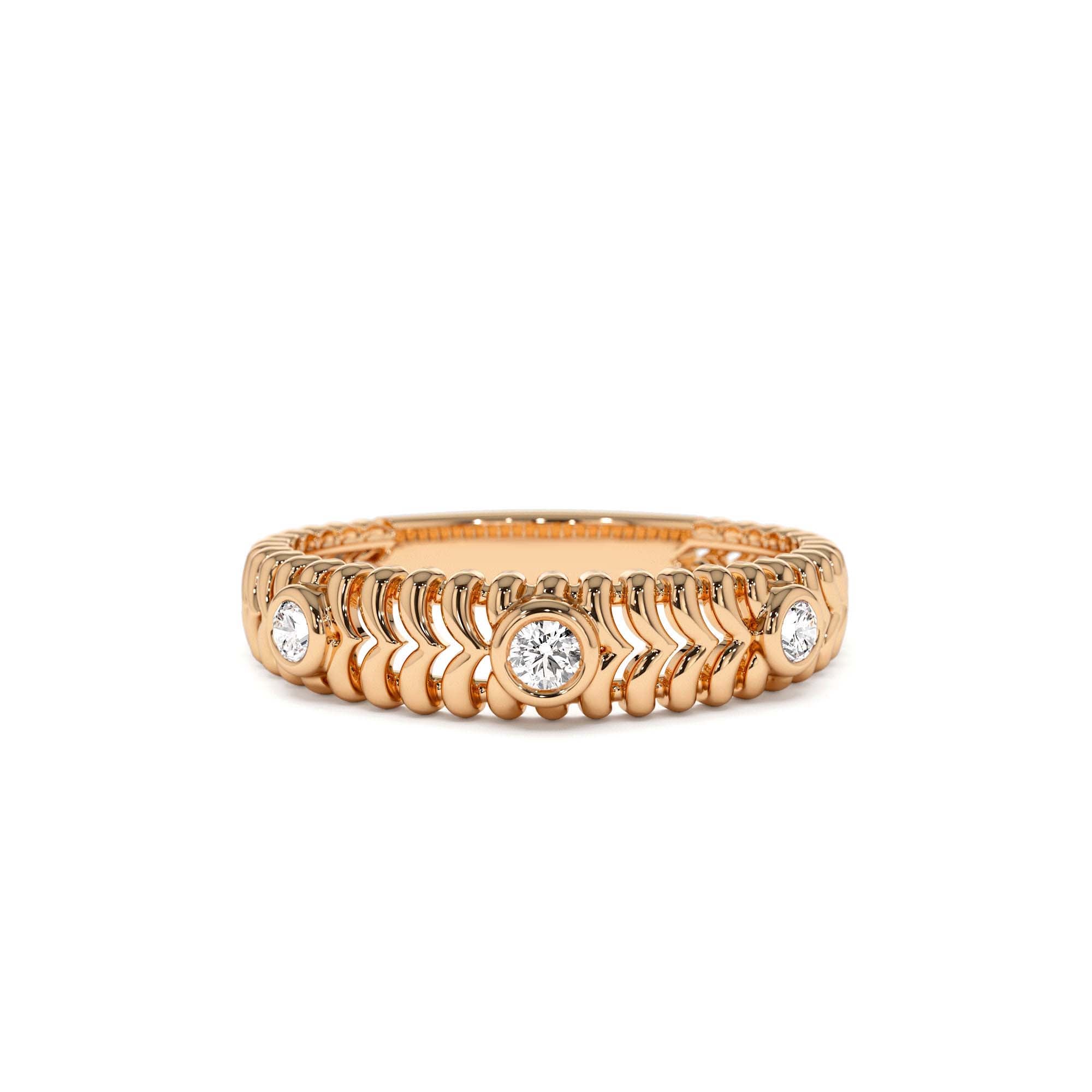 14k Unique Ribbed Three Stone Diamond Ring - view 2
