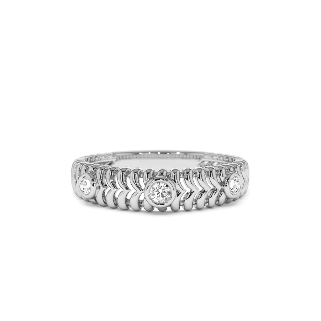 14k Unique Ribbed Three Stone Diamond Ring - view 3