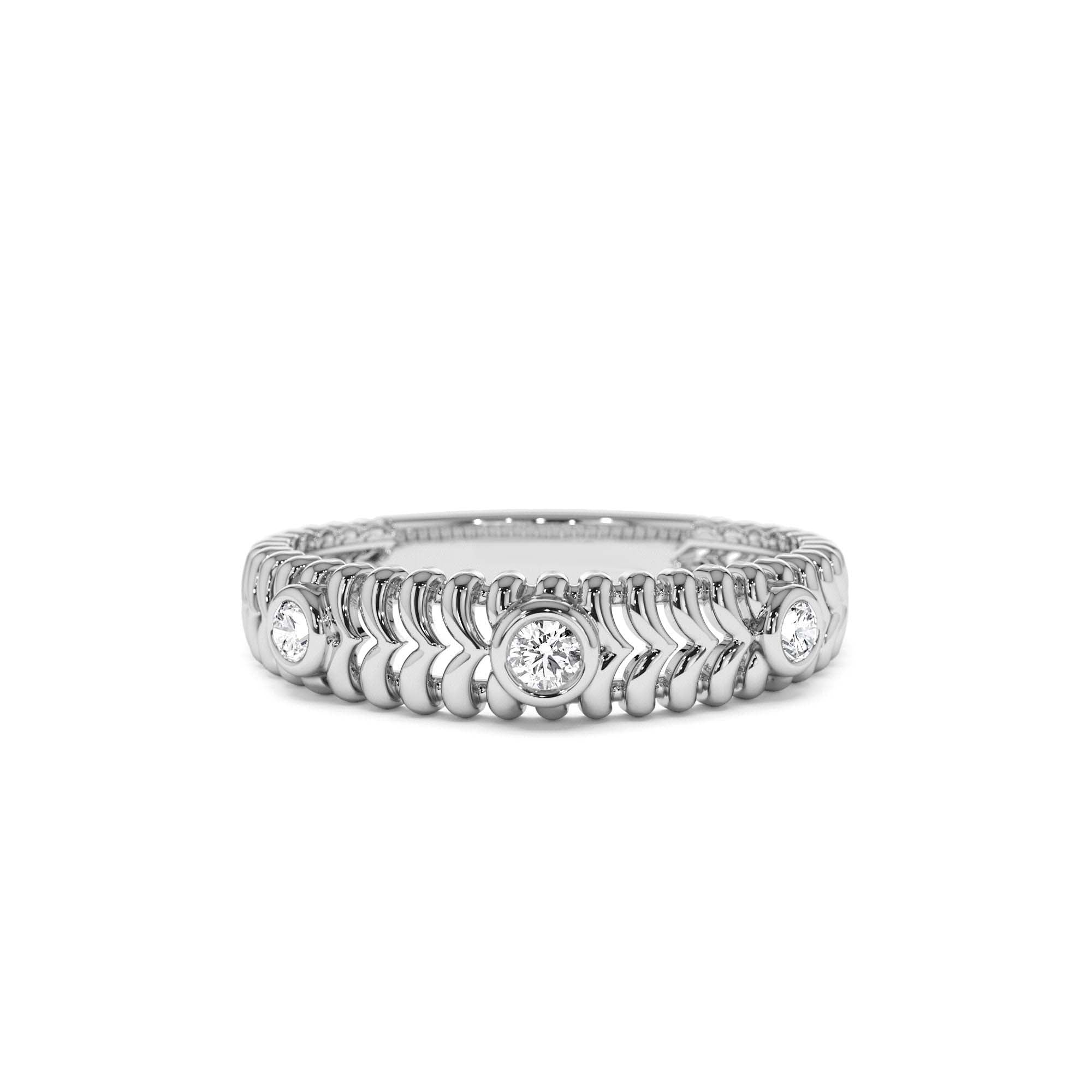 14k Unique Ribbed Three Stone Diamond Ring - view 3