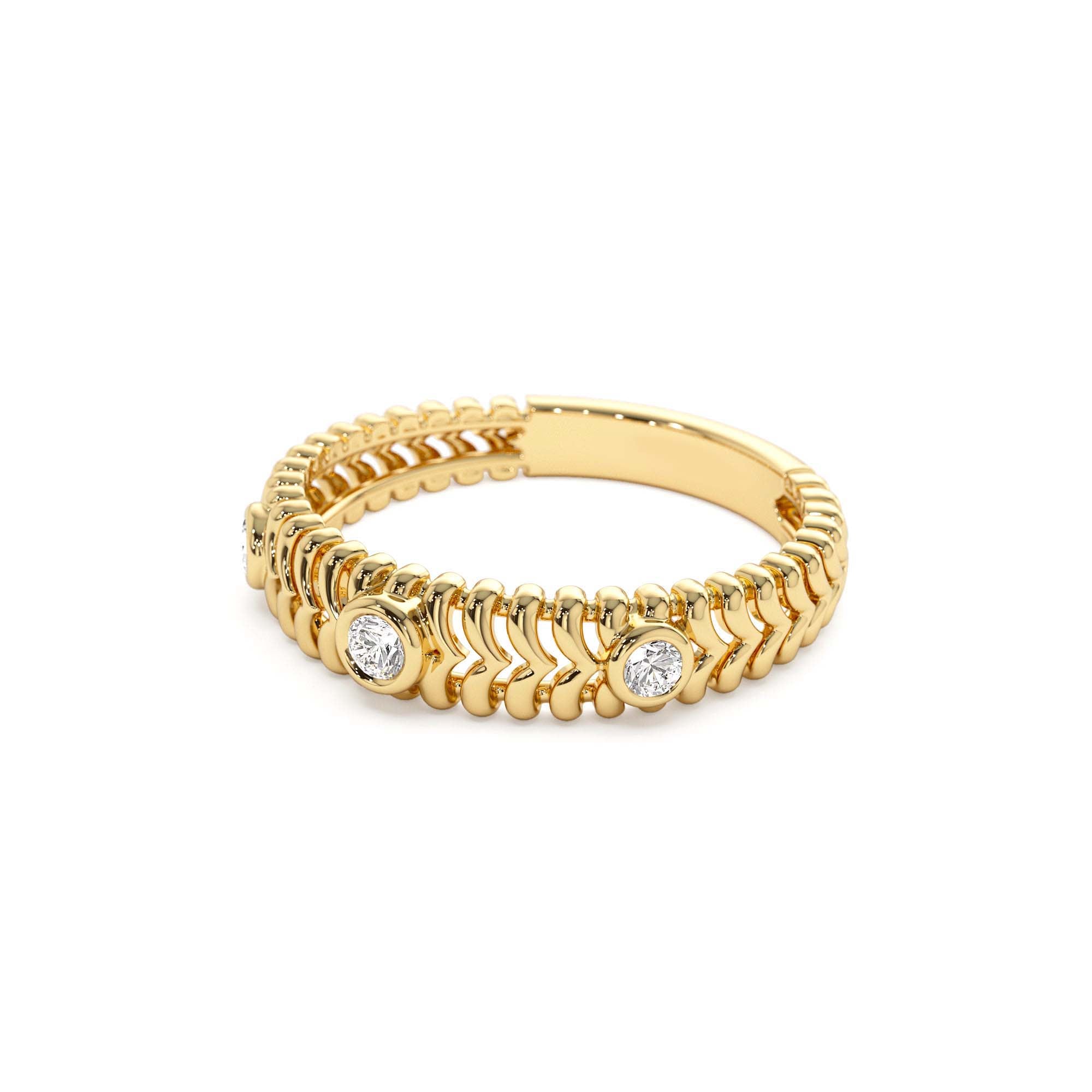 14k Unique Ribbed Three Stone Diamond Ring - view 4