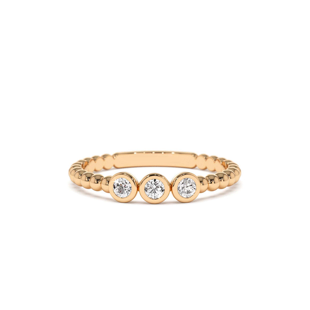 14k Beaded Three Stone Diamond Ring - view 2