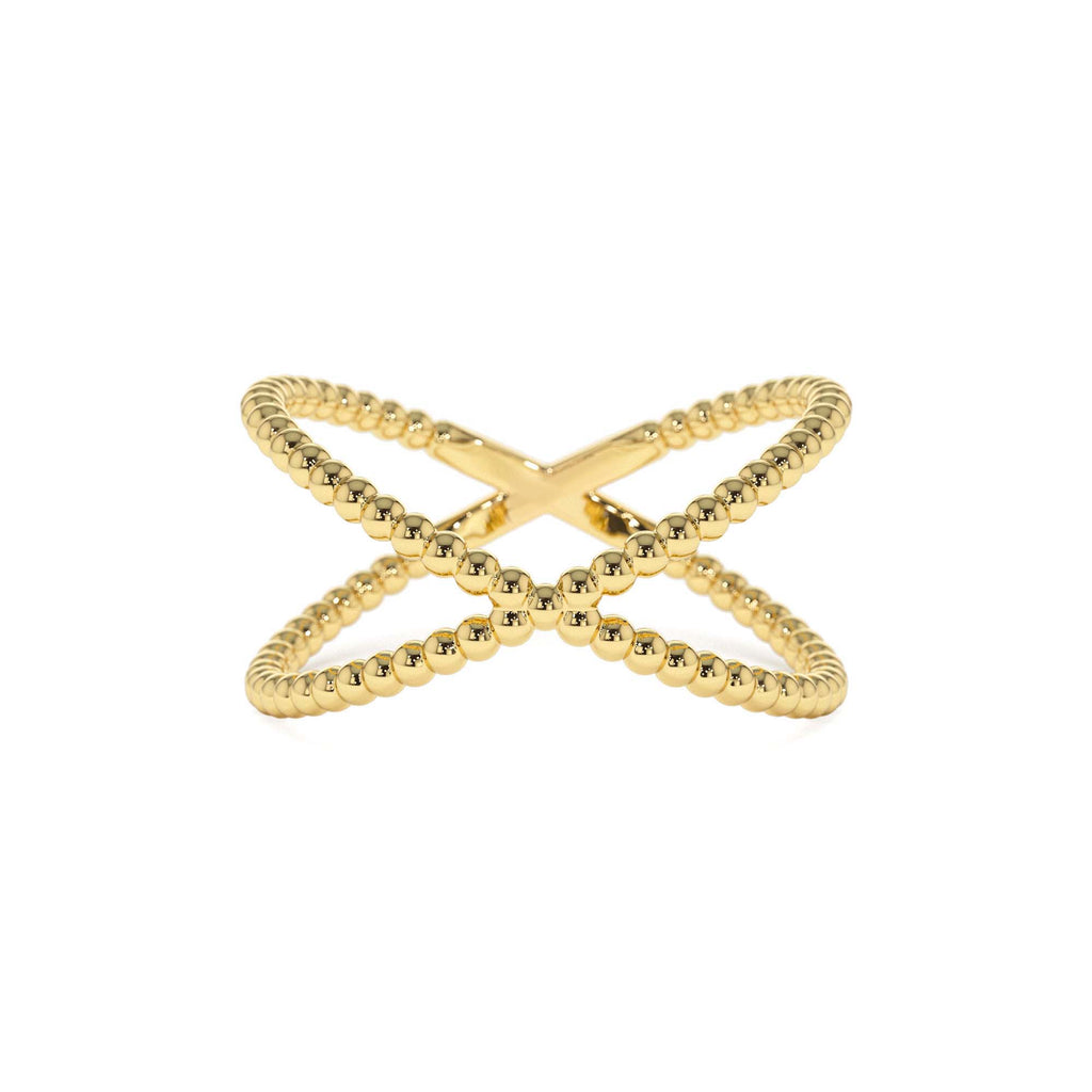 14K Gold Beaded Band Criss Cross Statement Ring by Orlina Fine