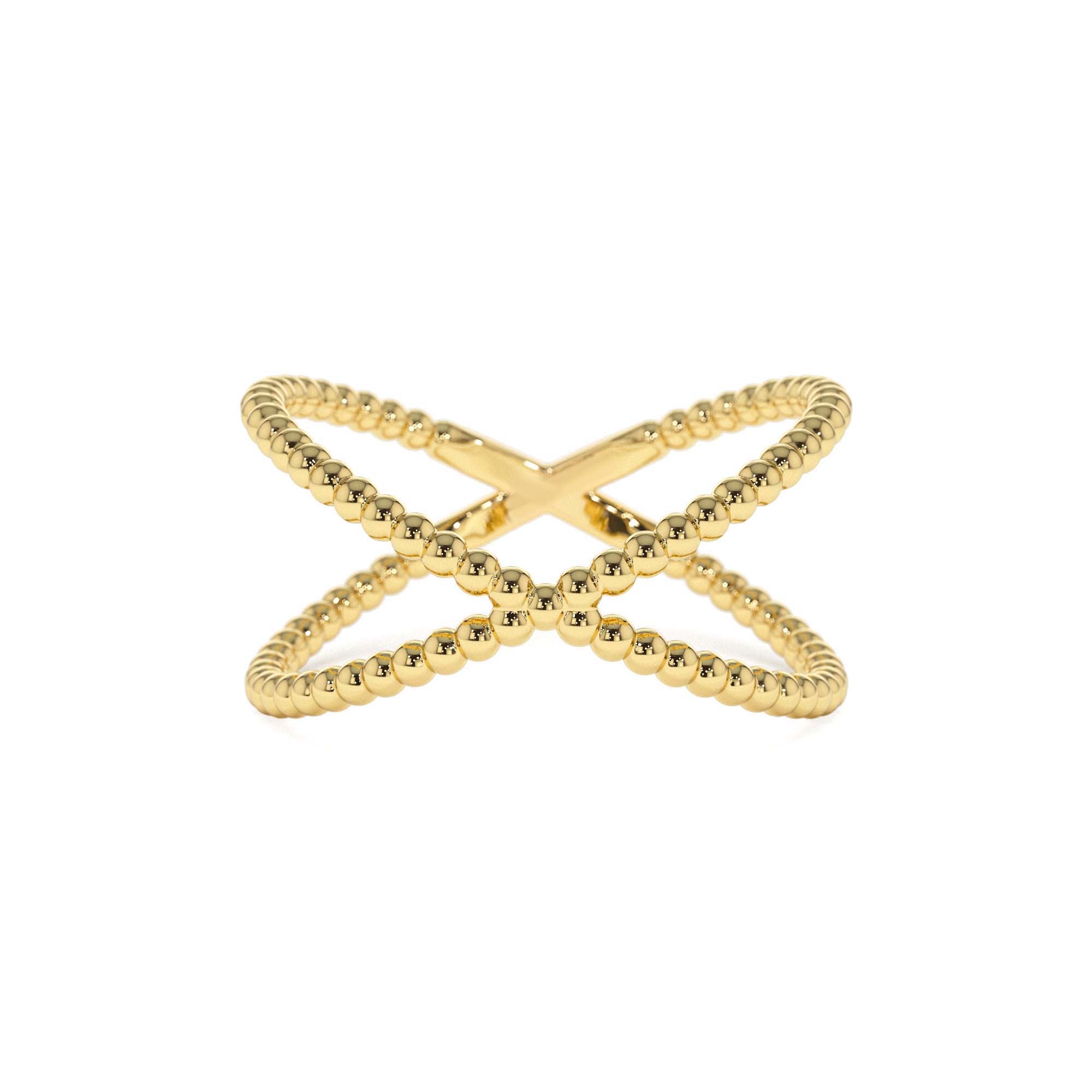 14K Gold Beaded Band Criss Cross Statement Ring by Orlina Fine