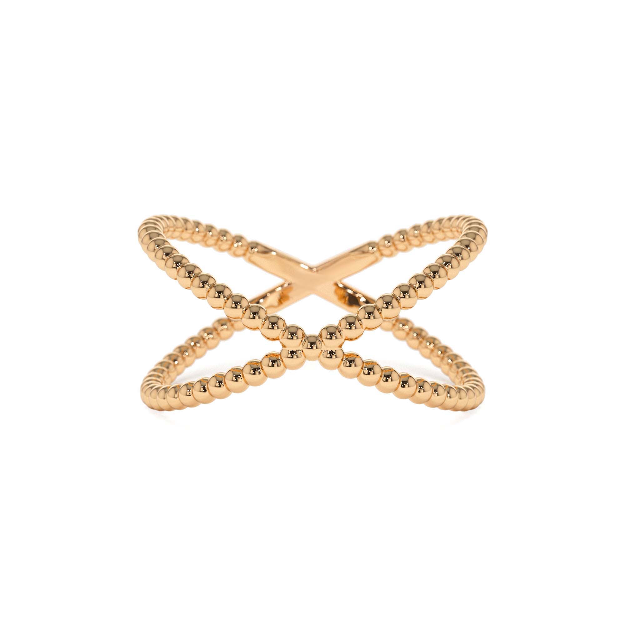 14K Gold Beaded Band Criss Cross Statement Ring - view 2