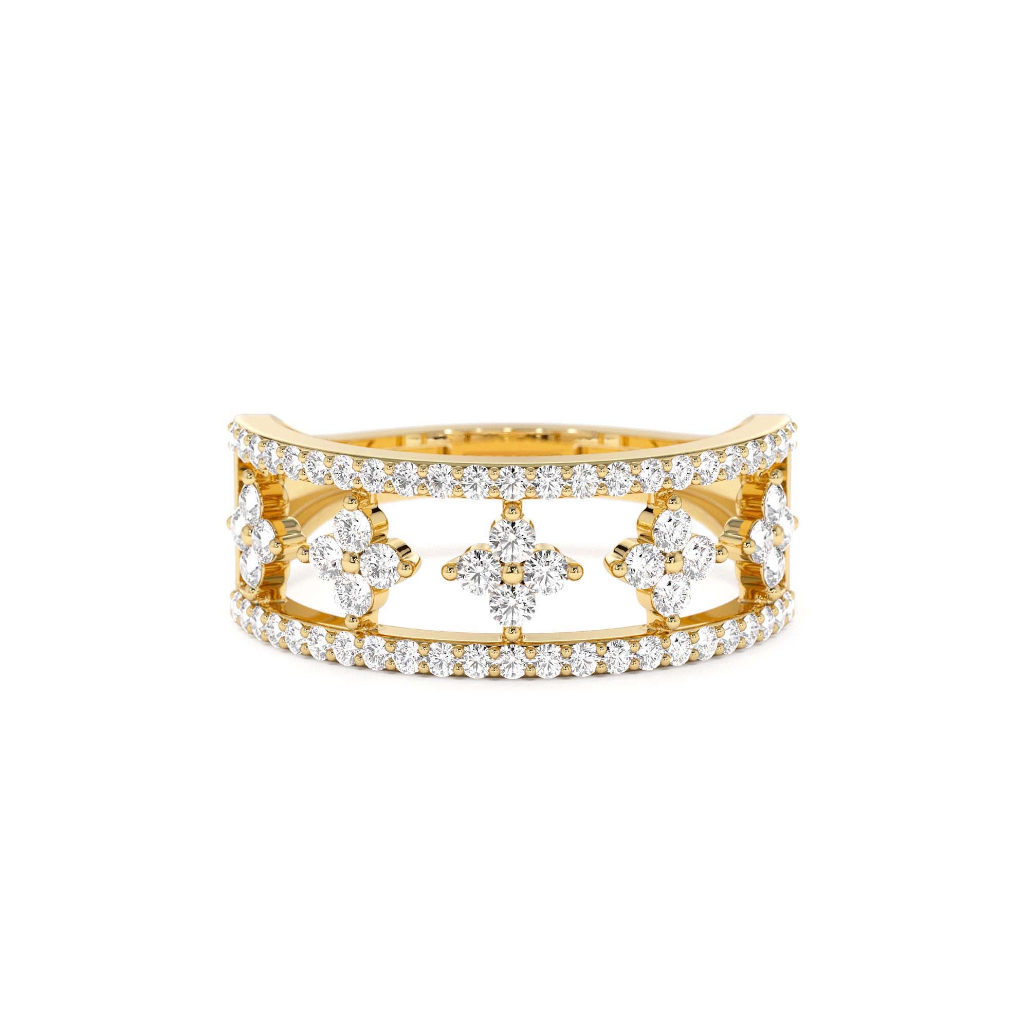 14k Double Row Pave Diamond Ring w/ Diamond Cluster Accents by Orlina Fine