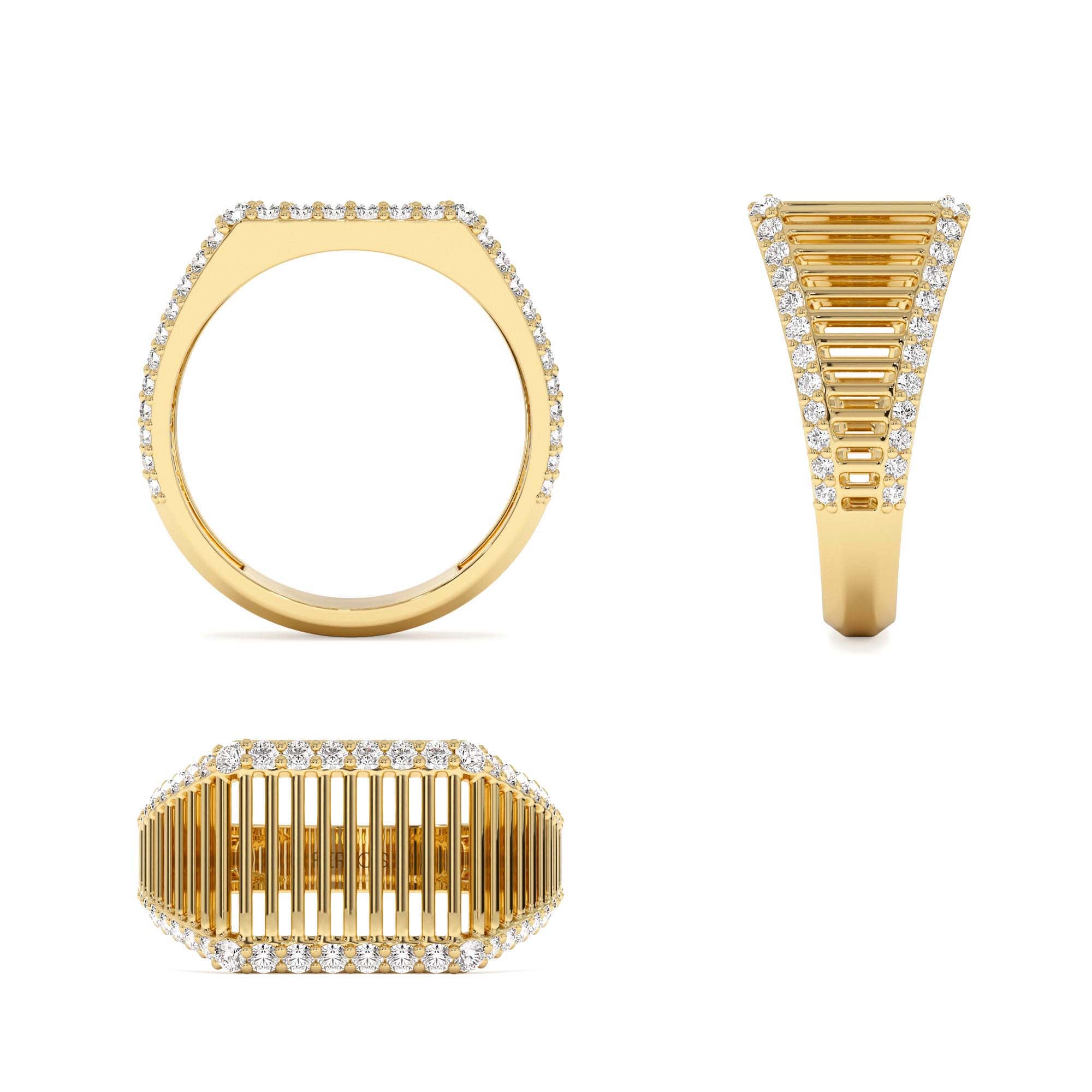 14K Ribbed Unique Design Diamond Signet Ring - view 5