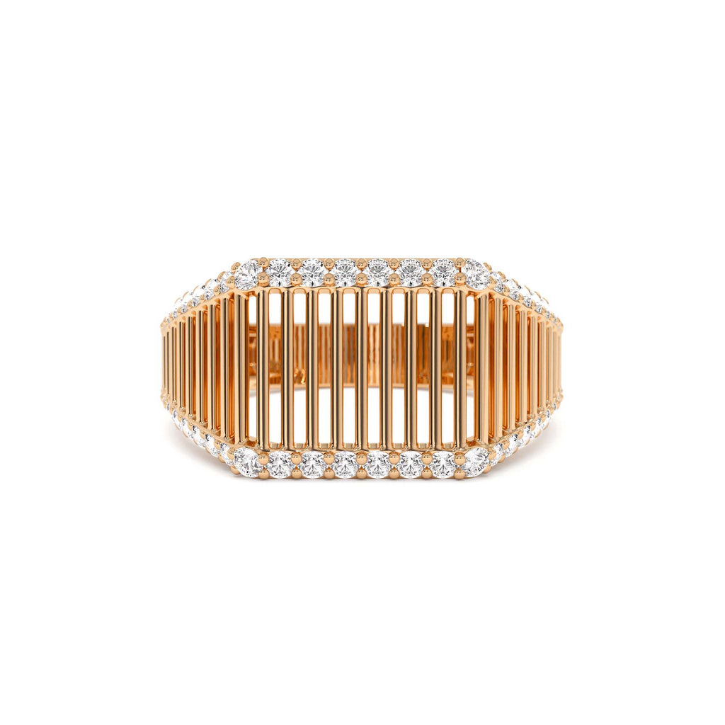 14K Ribbed Unique Design Diamond Signet Ring - view 2