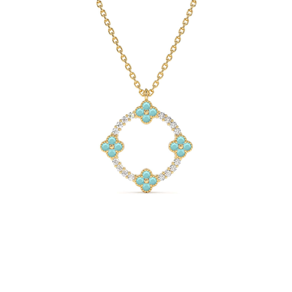 14K Turquoise and Diamond Clover Pendant Necklace by Orlina Fine